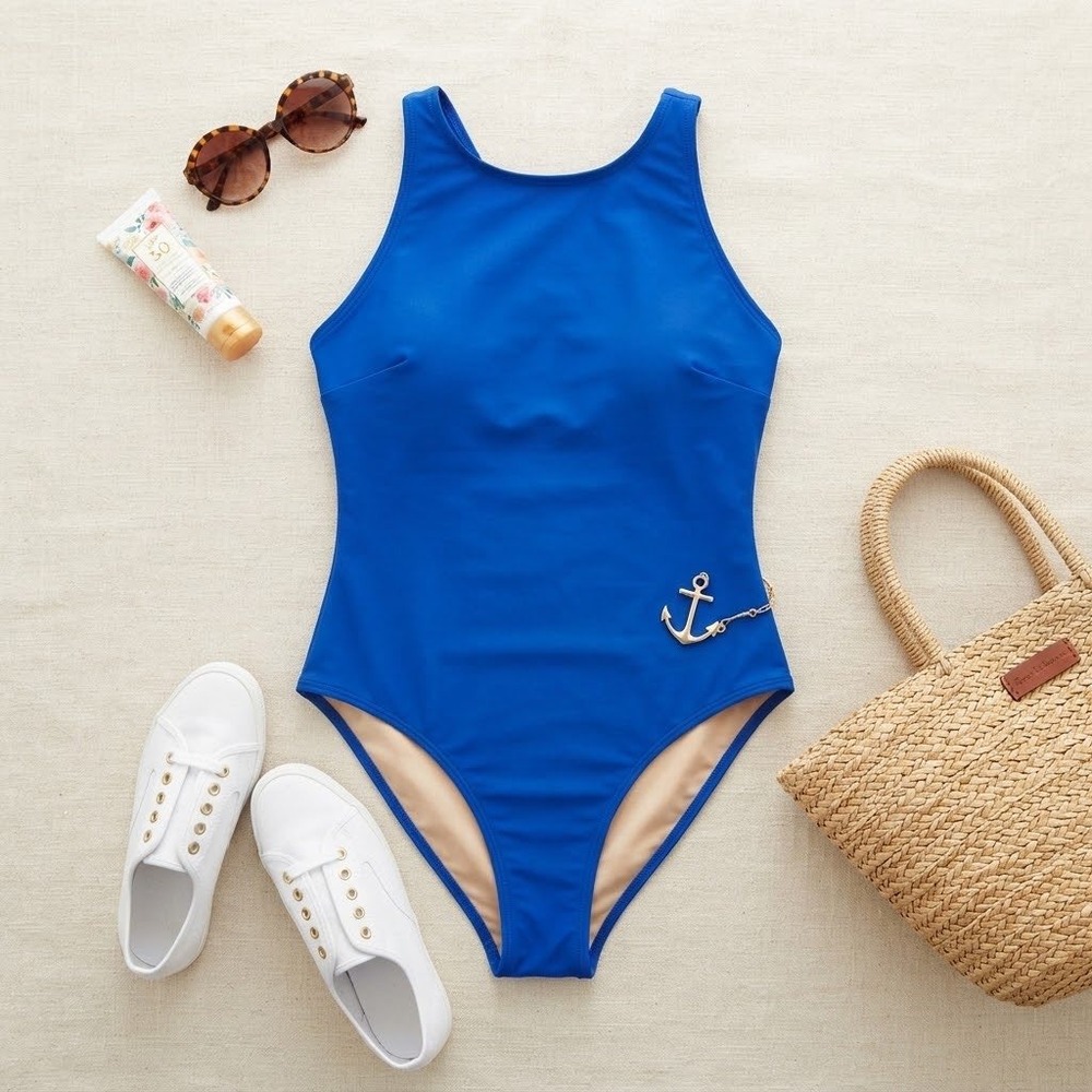 NWT Kona Sol Womens Royal Blue High Neck Cross Back One Piece Swimsuit L 12-14